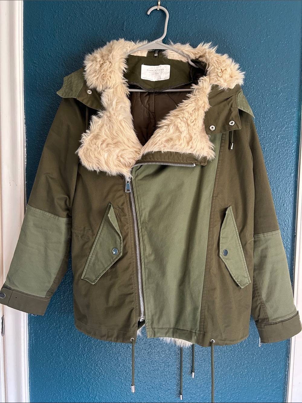 Zara Two-Tone Olive Green Faux-Fur Hooded Puffer Jacket